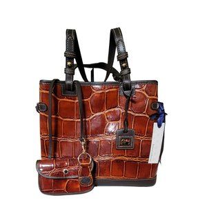 Dooney & Bourke Womens Brown Croco Embossed Leather Double Strap Tassel Bag NWT